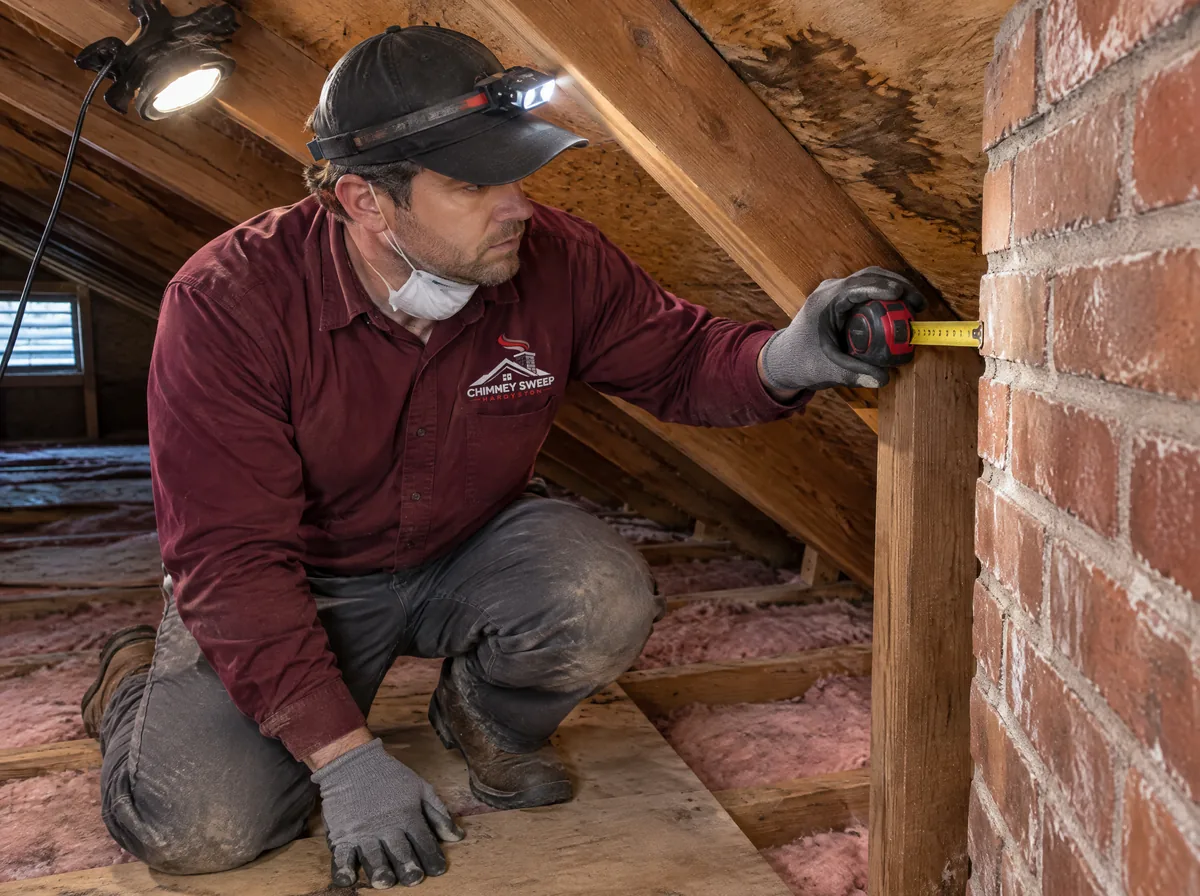 Technician measuring the gap between a brick chimney and a roof rafter in an attic