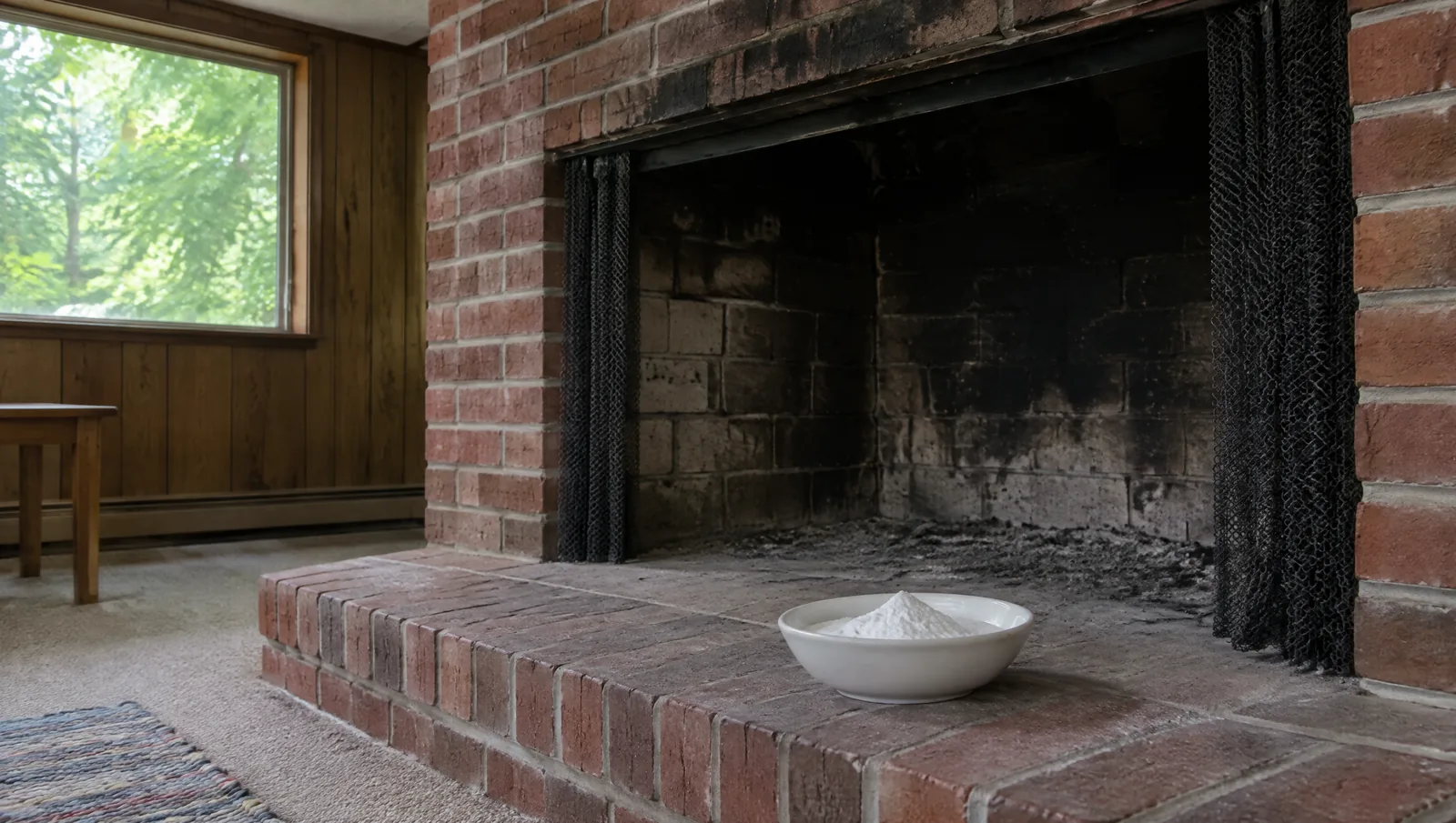 Cold brick fireplace in a lower-level family room with a bowl of baking soda on the hearth