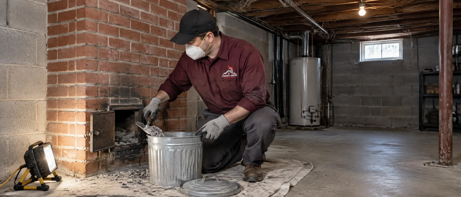Technician scooping ash from the cleanout door at the base of a chimney in a basement