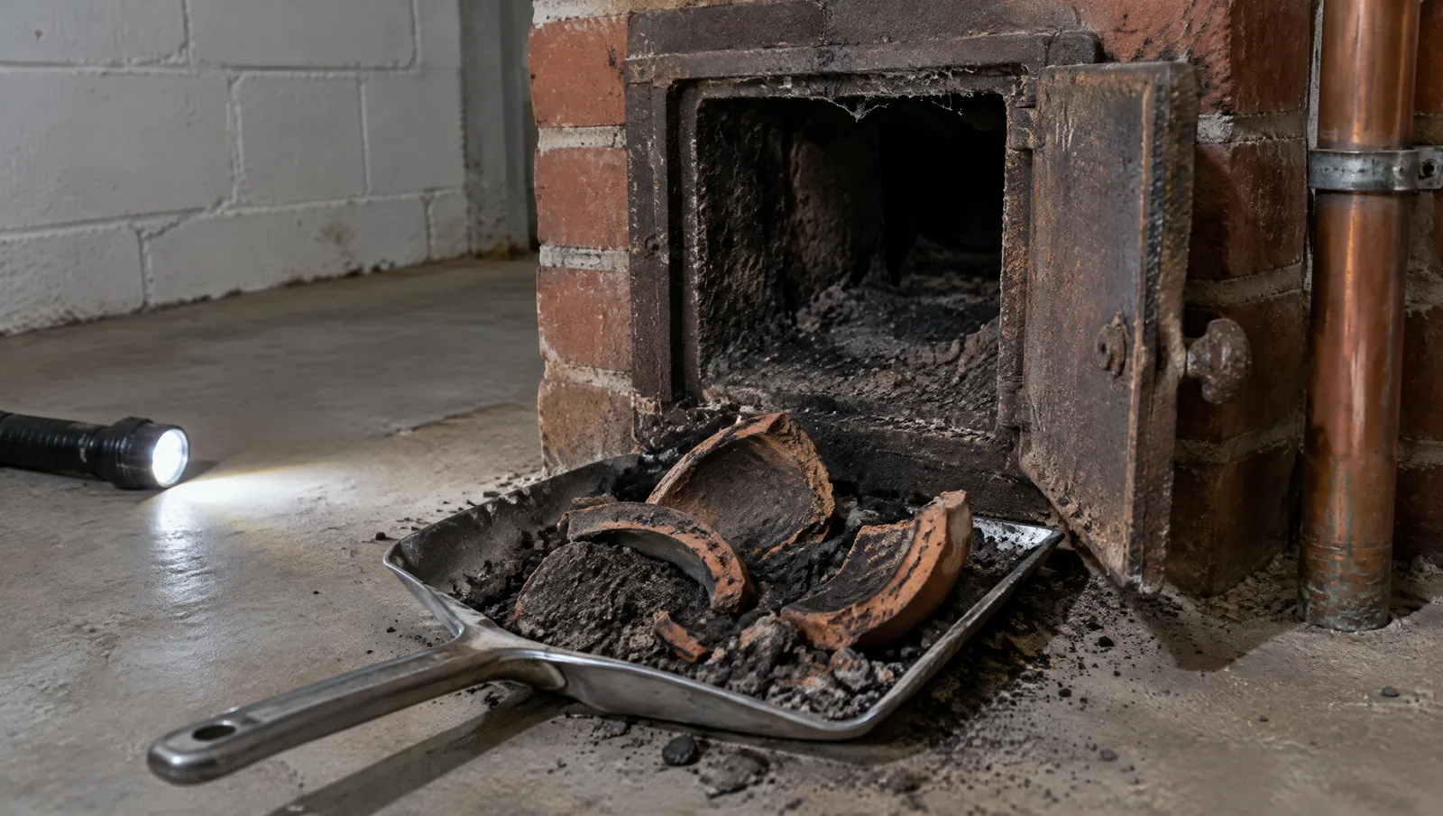 Open chimney clean-out door with soot and broken clay flue tile pieces in a dustpan
