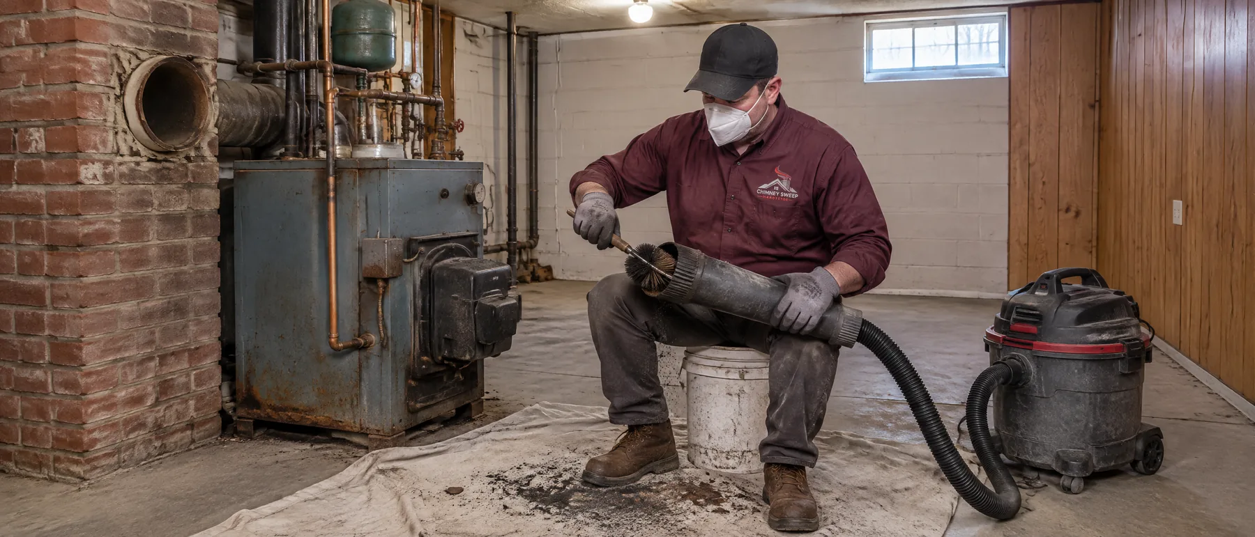 Technician brushing soot out of an oil boiler smoke pipe beside a brick chimney