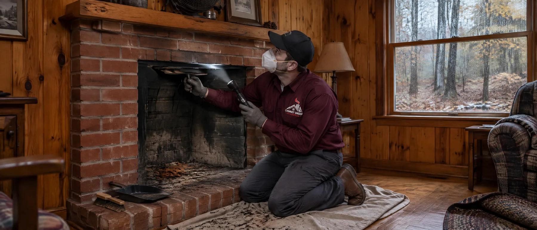 Technician checking a rusted fireplace damper with a flashlight in a knotty-pine cottage