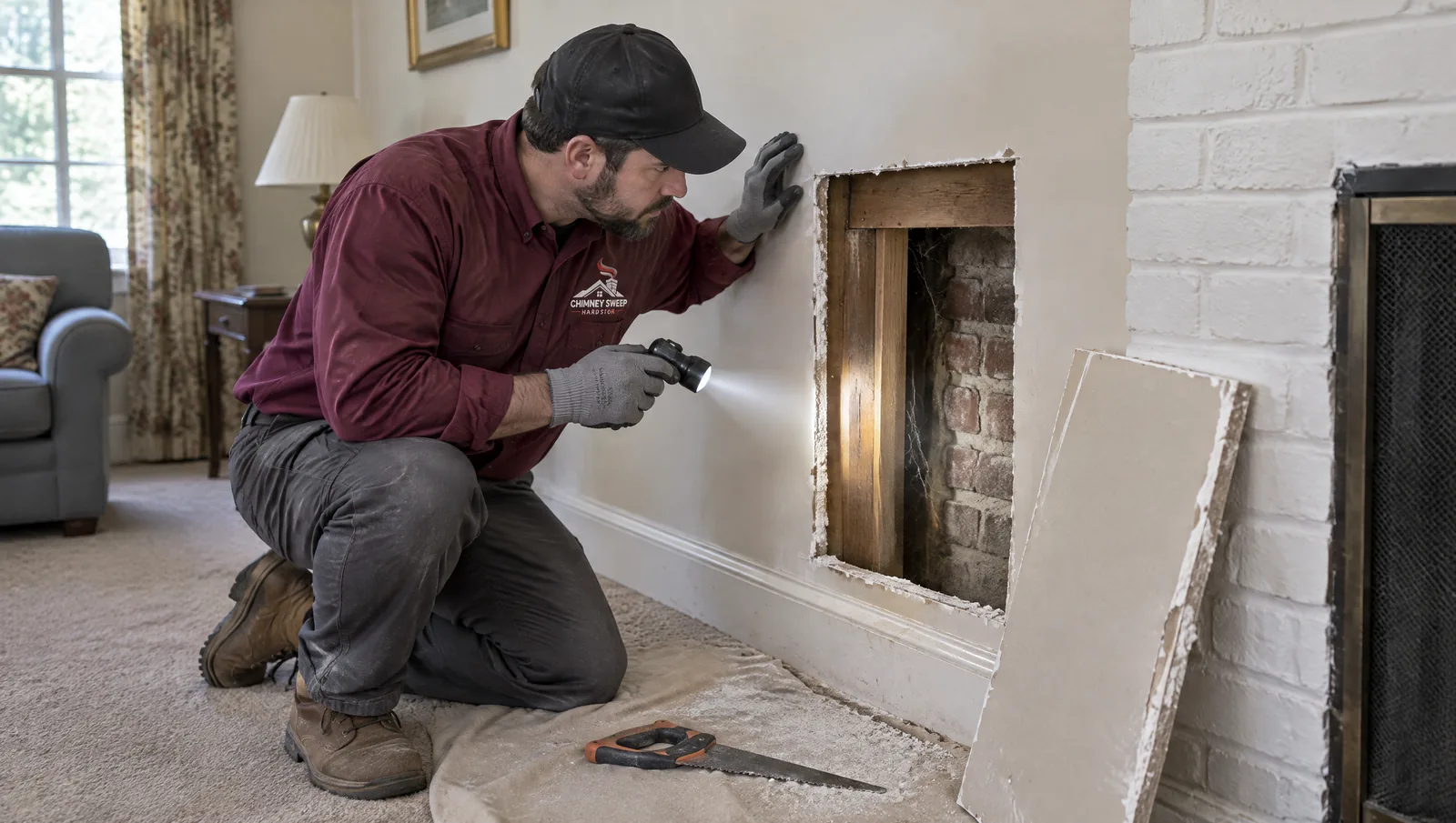 Inspector with a flashlight checking framing through a wall opening beside a chimney breast