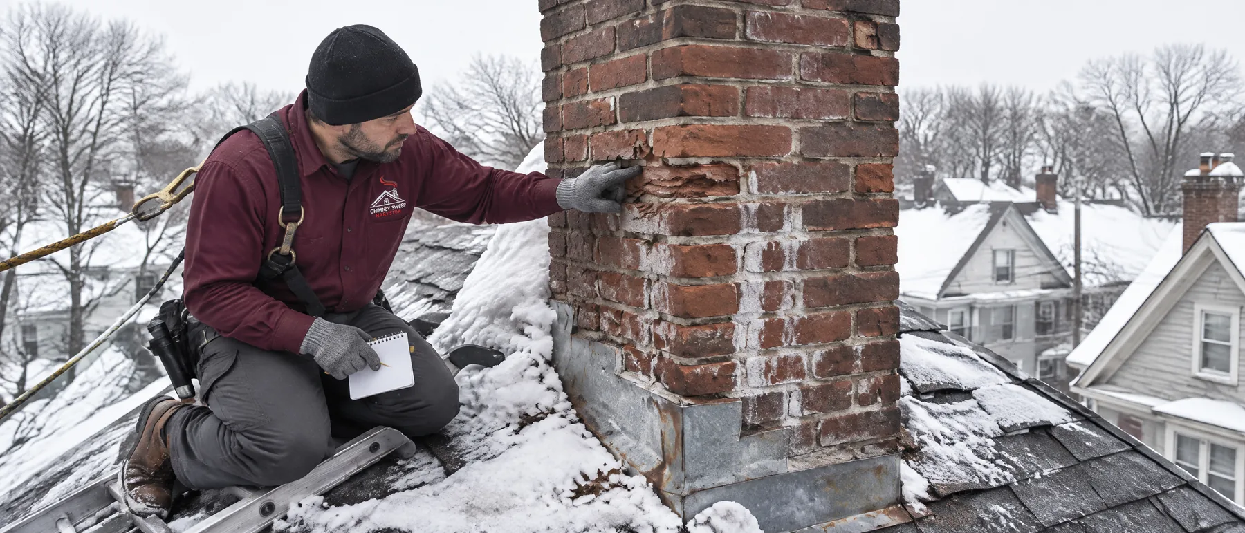 Technician checking frost-damaged brick where old snow sits against an old chimney