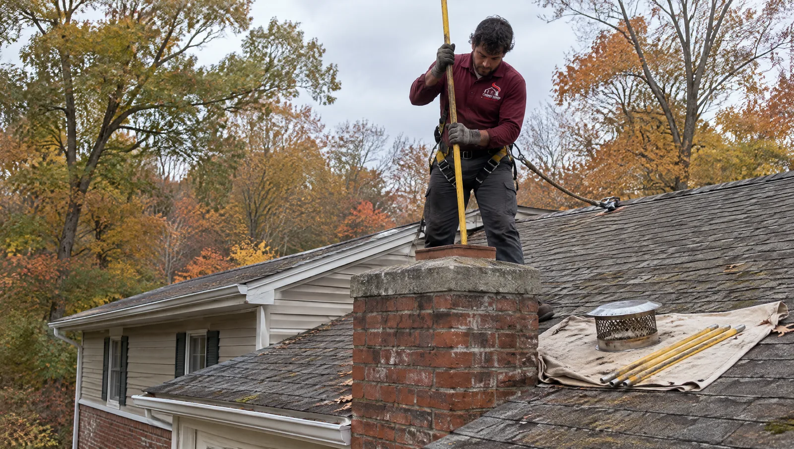 Chimney sweep on a shingle roof pushing straight sweep rods down a brick chimney flue