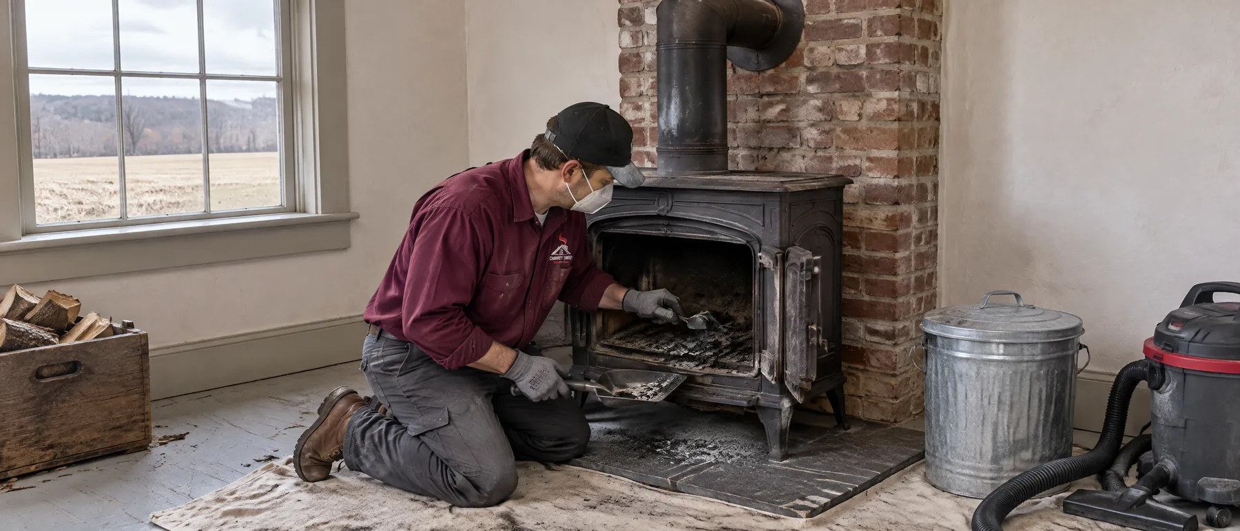 Technician cleaning soot and creosote out of a farmhouse wood stove beside its brick chimney