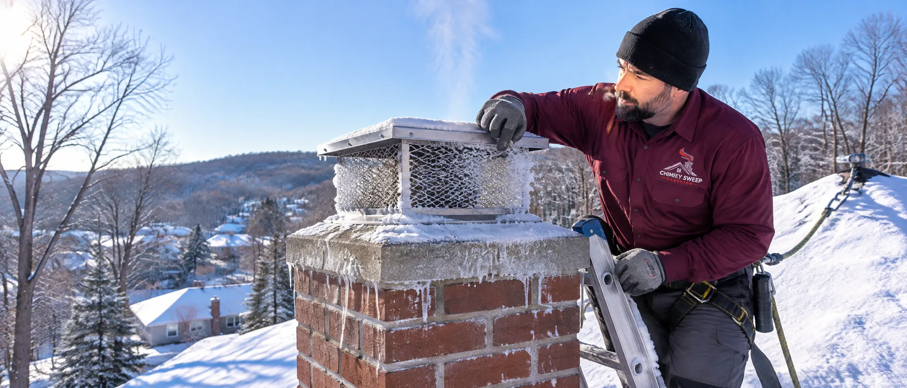 Technician knocking rime ice off the mesh of a chimney cap on a snowy hillside roof