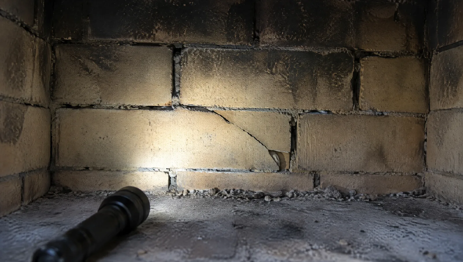 Firebox back wall with a cracked firebrick and eroded mortar joints lit by a flashlight