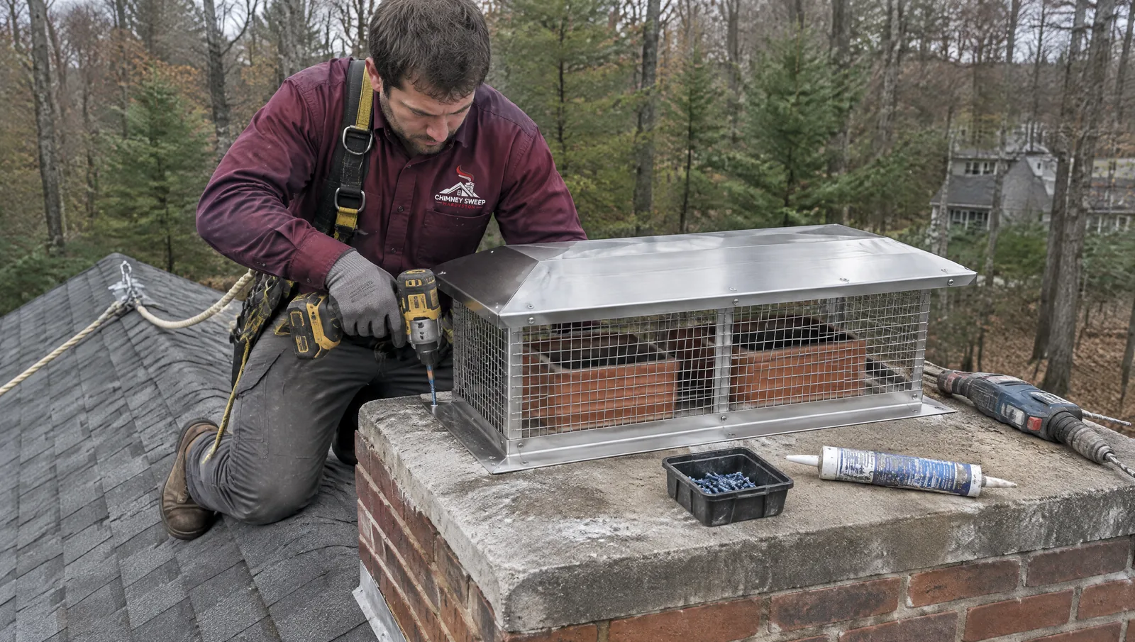 Technician screwing a stainless multi-flue cap to a brick chimney crown