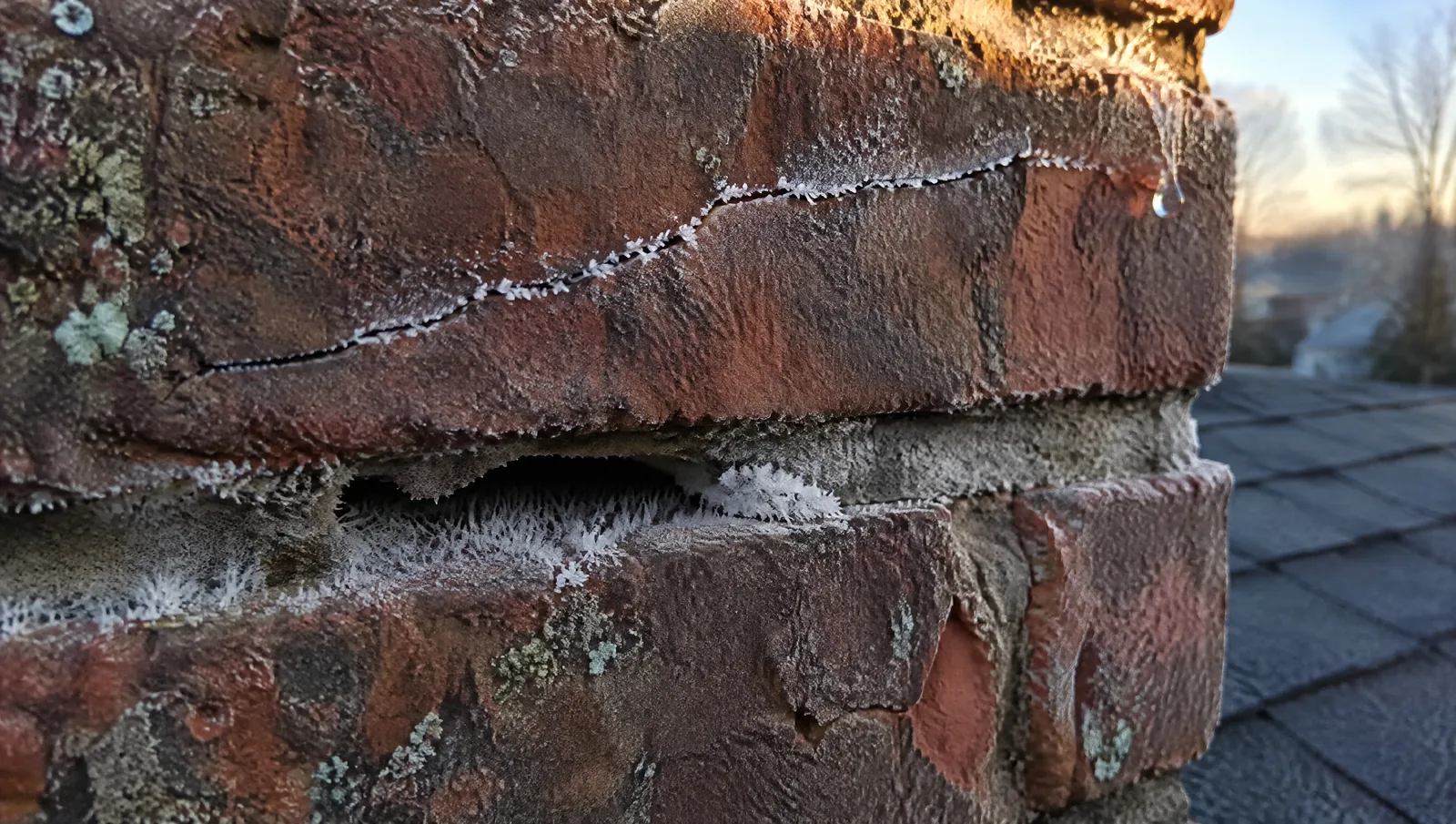 Frost crystals in an open mortar joint and a cracked brick face on a chimney on a freezing morning