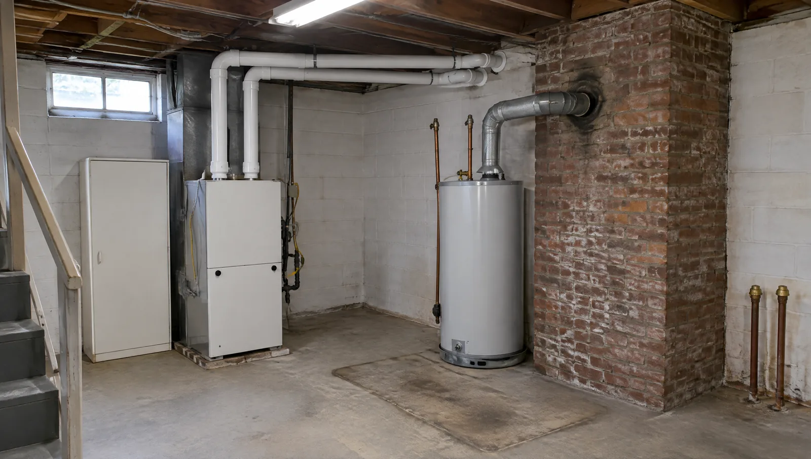 Basement after an oil-to-gas conversion: furnace vents out the wall, water heater vents into the brick chimney