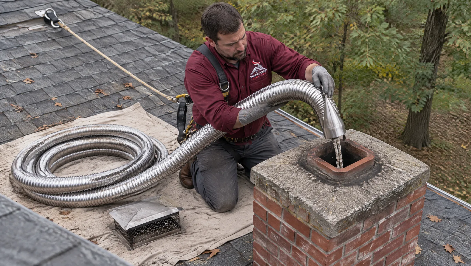 Technician guiding a stainless steel liner into a brick chimney, seen from above