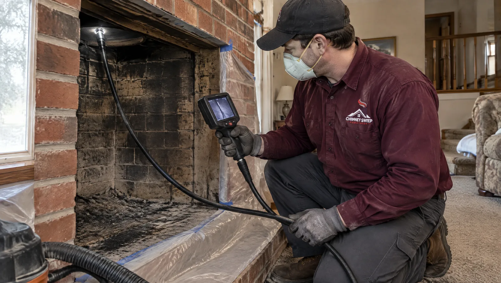 Technician pushing an inspection camera up a fireplace flue while watching its handheld screen