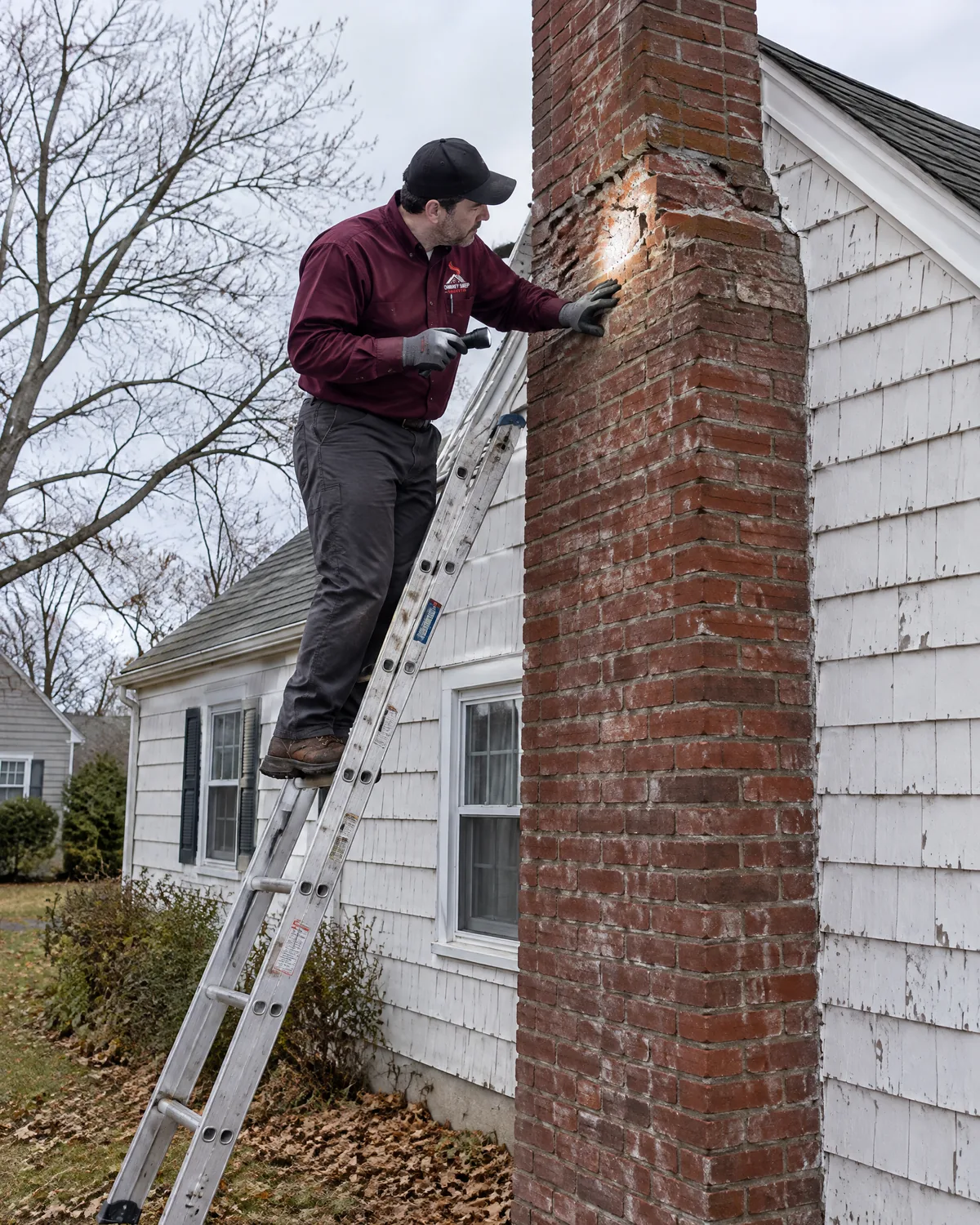 Inspector on a ladder checking spalled brick on a tall exterior chimney