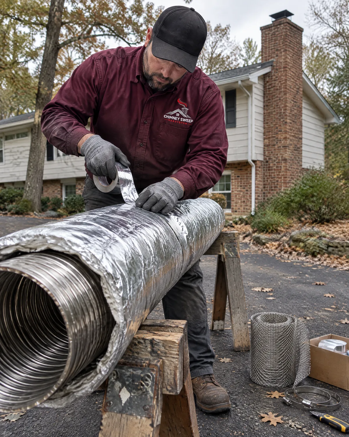 Technician taping an insulation wrap around a stainless chimney liner on sawhorses