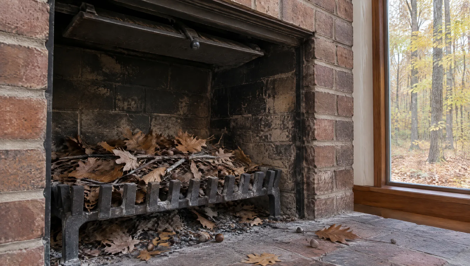 Dry leaves, twigs and acorns on the grate of a cold fireplace beside a window of autumn woods