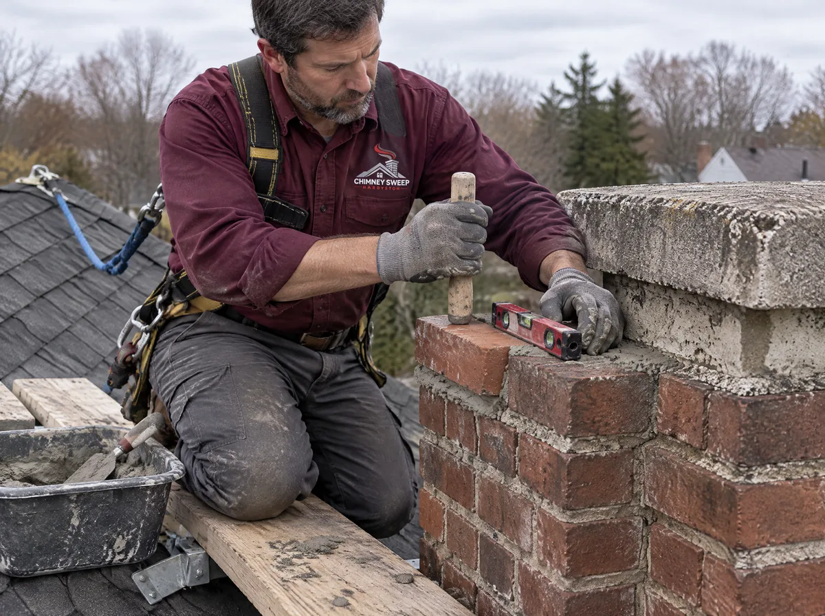 Mason tapping a reset brick level on fresh mortar just below a chimney crown