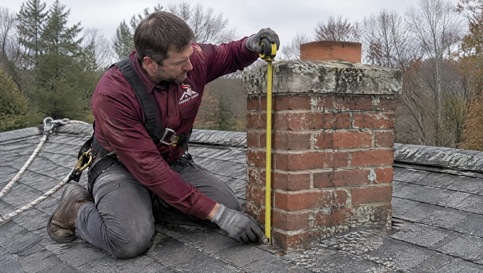 Inspector measuring how far a brick chimney rises above the shingle roof