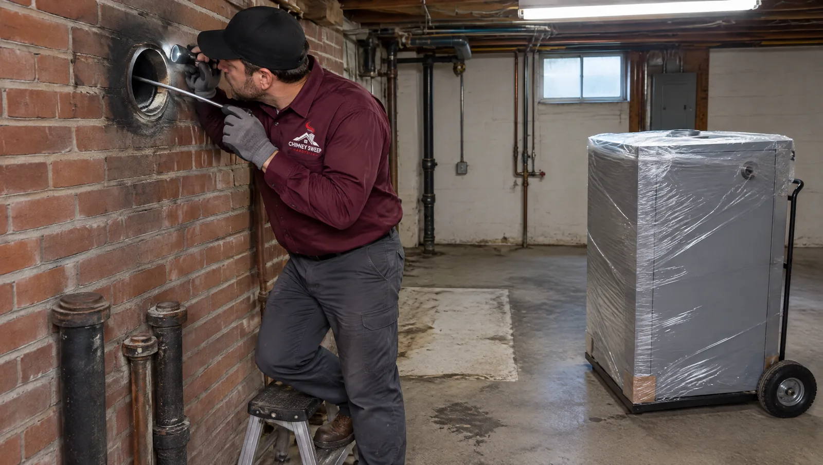 Technician checking up a chimney flue with a mirror through the thimble while a new boiler waits on a dolly
