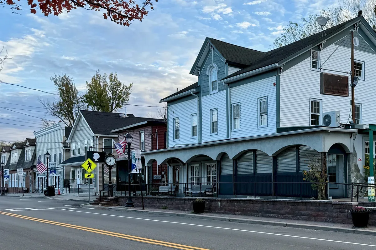 Main Street in Ogdensburg, New Jersey, lined with historic clapboard buildings