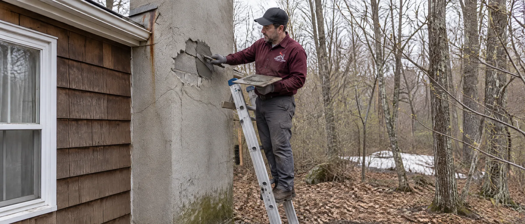Technician patching cracked parging on a concrete-block chimney of a small bungalow in early spring