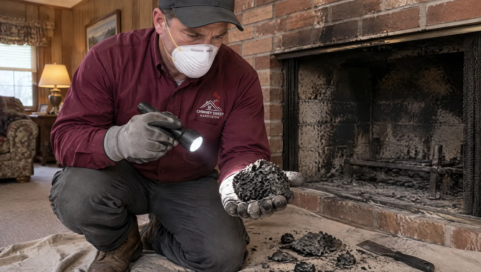 Technician holding a chunk of puffy, honeycombed creosote in front of a sooty fireplace