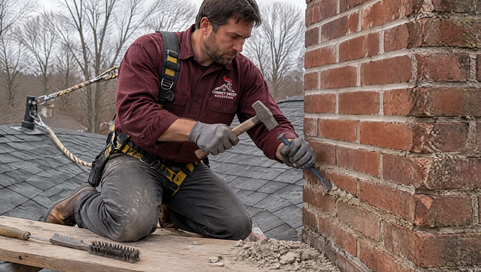 Mason clearing worn mortar from brick joints with a hammer and plugging chisel