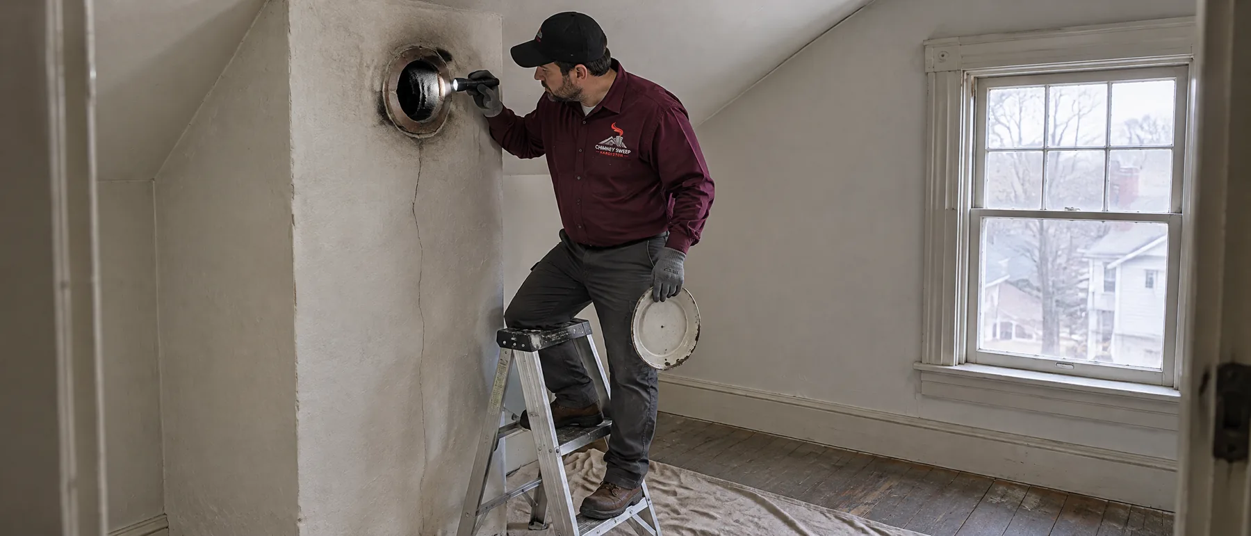 Technician lifting an old metal cover off a stovepipe opening in a plastered chimney breast