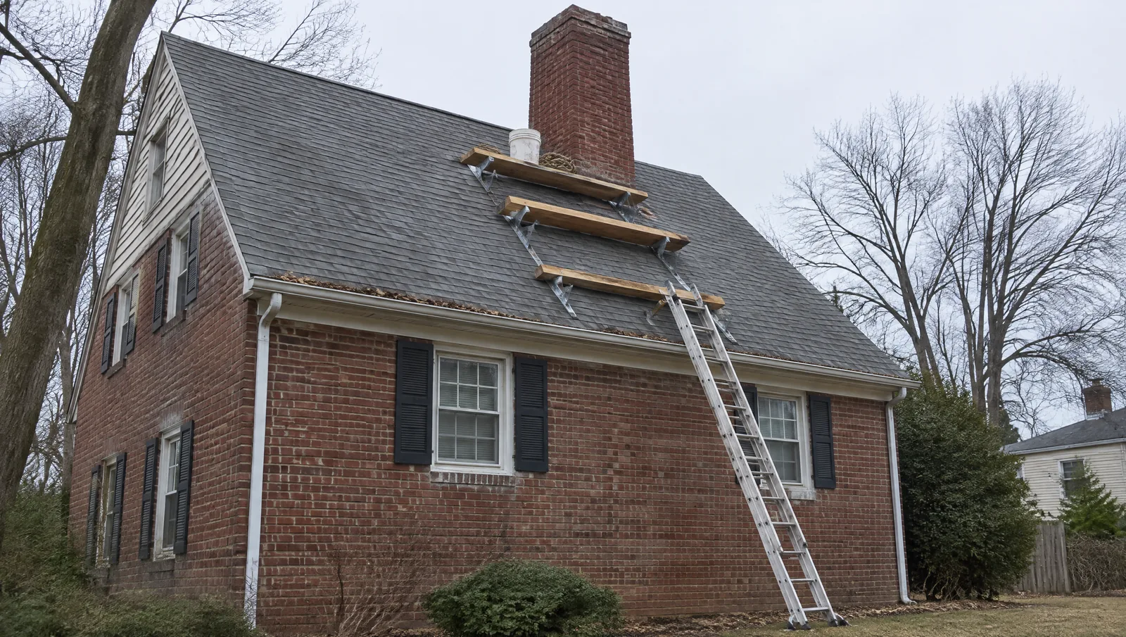 Extension ladder and roof brackets with planks set up on a steep roof below a tall brick chimney