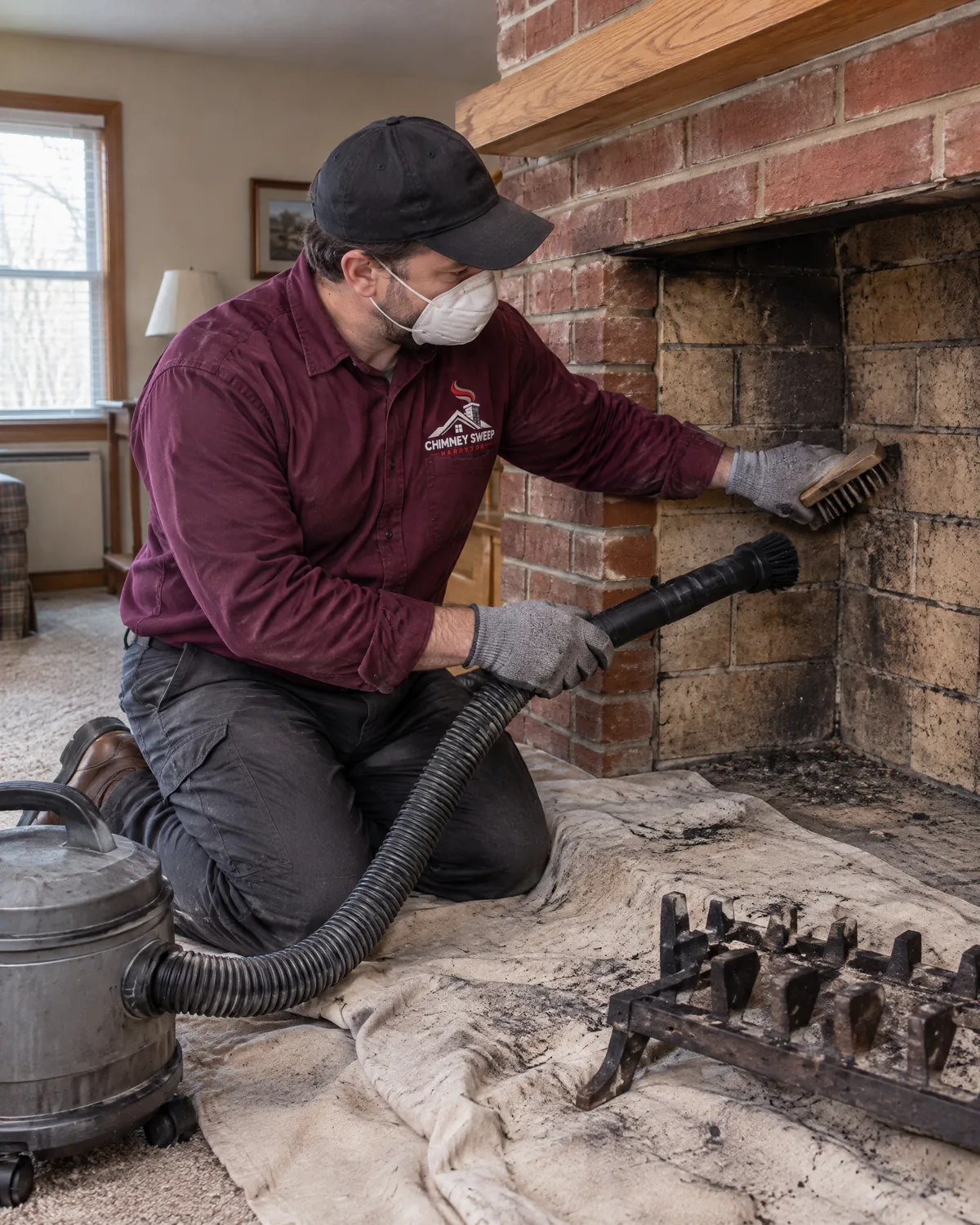 Technician scrubbing soot off firebrick in a brick fireplace while a vacuum nozzle catches the dust