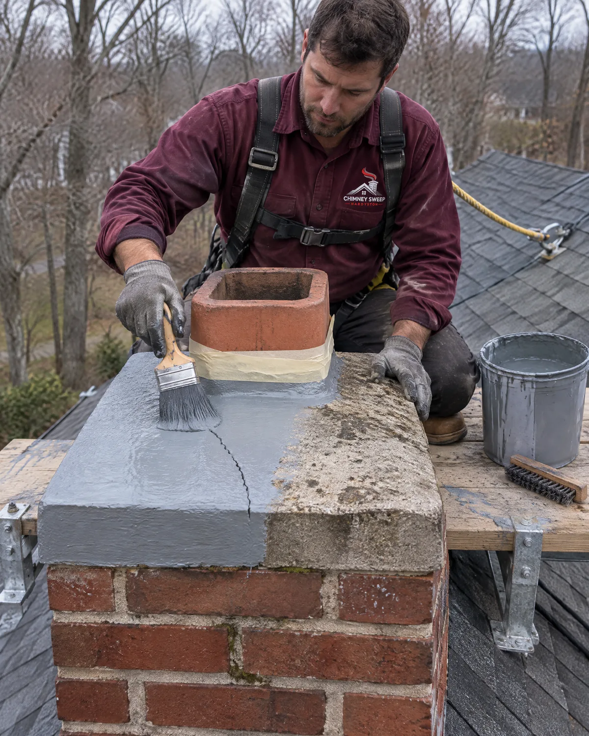 Mason brushing sealer over a cracked concrete chimney crown