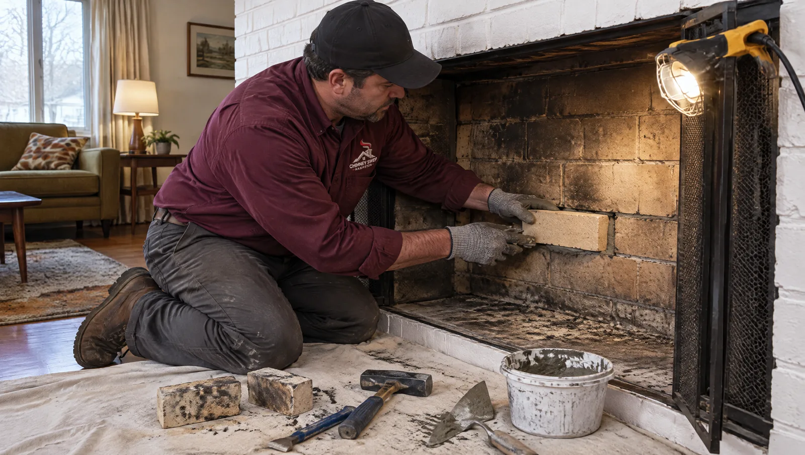 Technician sliding a new firebrick into its course in a firebox wall, the cracked brick on the drop cloth