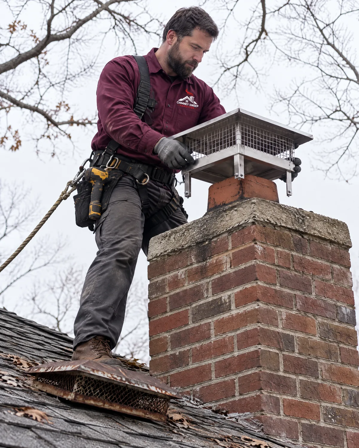 Technician setting a new stainless mesh cap onto the flue tile of a brick chimney