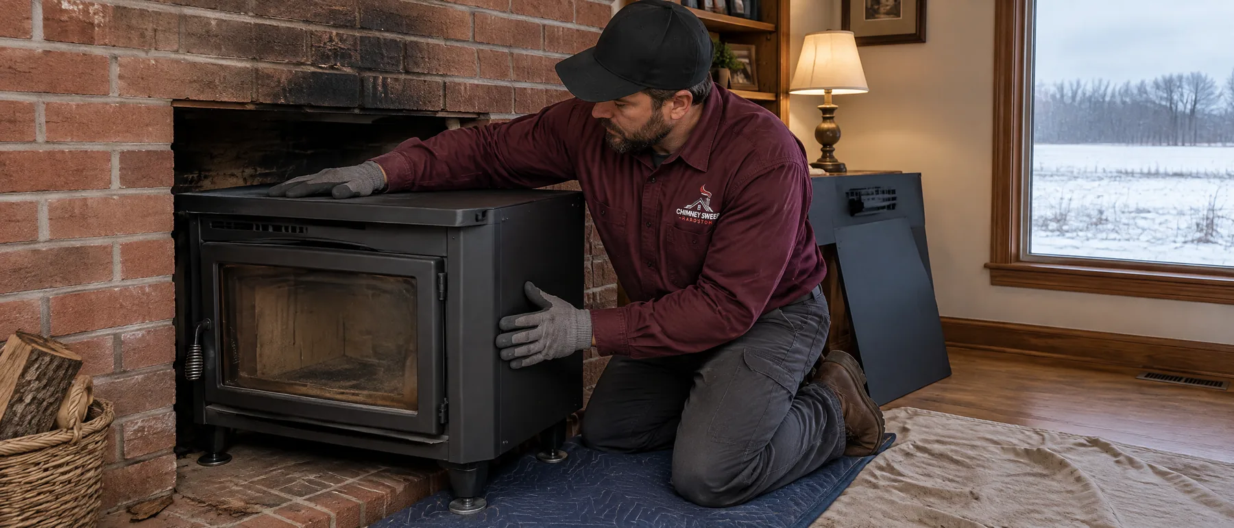 Technician easing a black wood stove insert into a brick fireplace in a family room