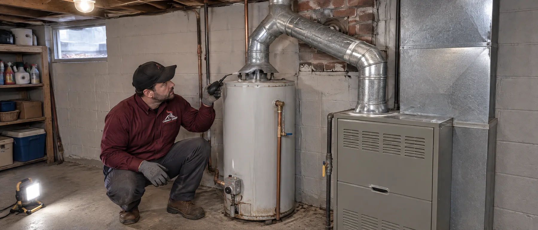 Technician testing the draft with smoke at a gas water heater that vents into a brick chimney