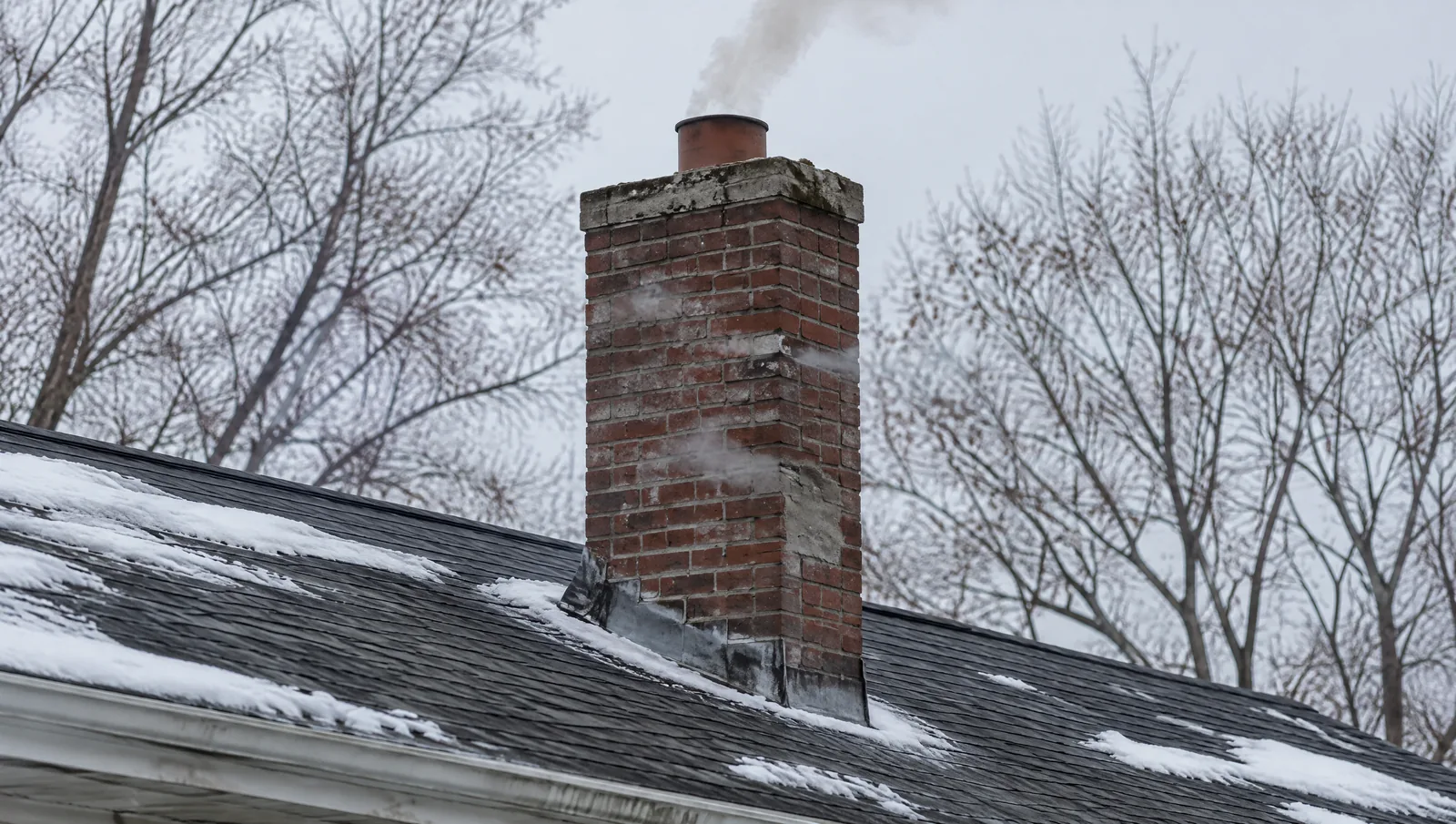 Thin smoke seeping from mortar joints partway up a brick chimney on a ranch roof in winter