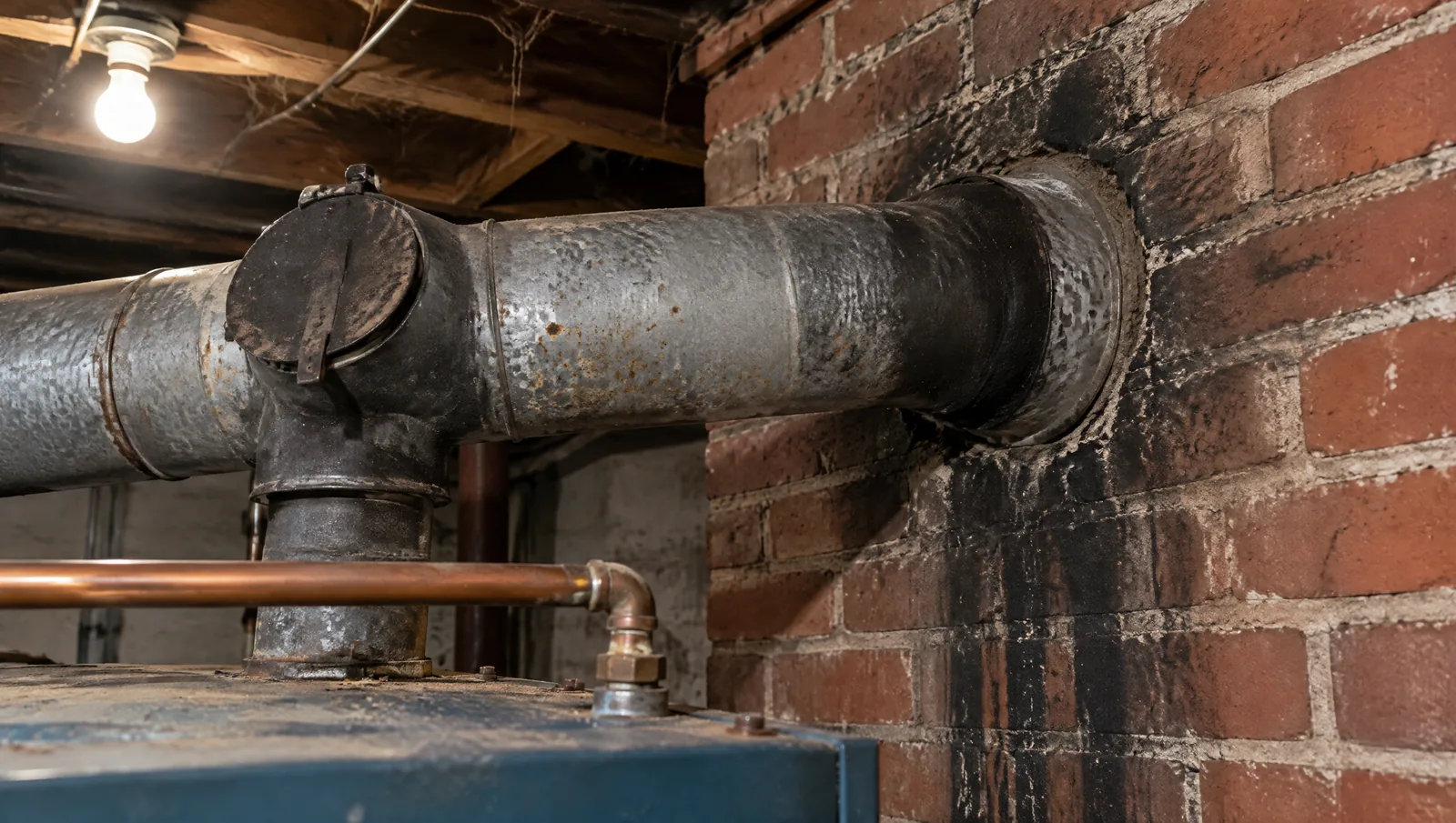 Black soot streaks on the brick around an oil boiler flue pipe where it enters the chimney