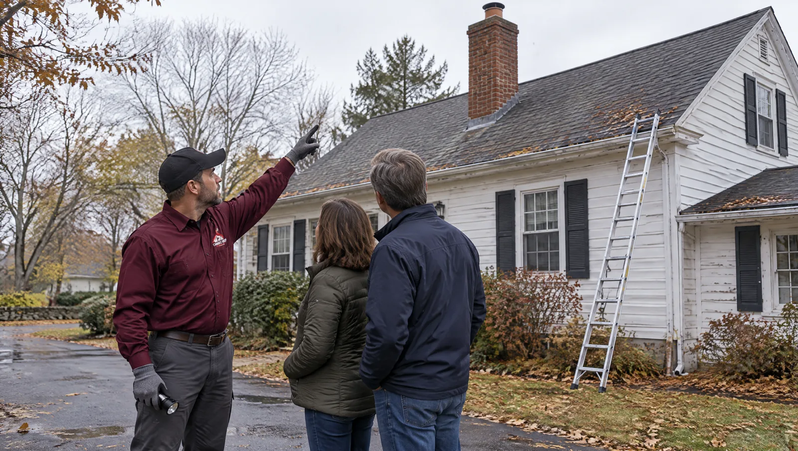 Chimney technician on a driveway pointing up at the brick chimney of an older house for a couple