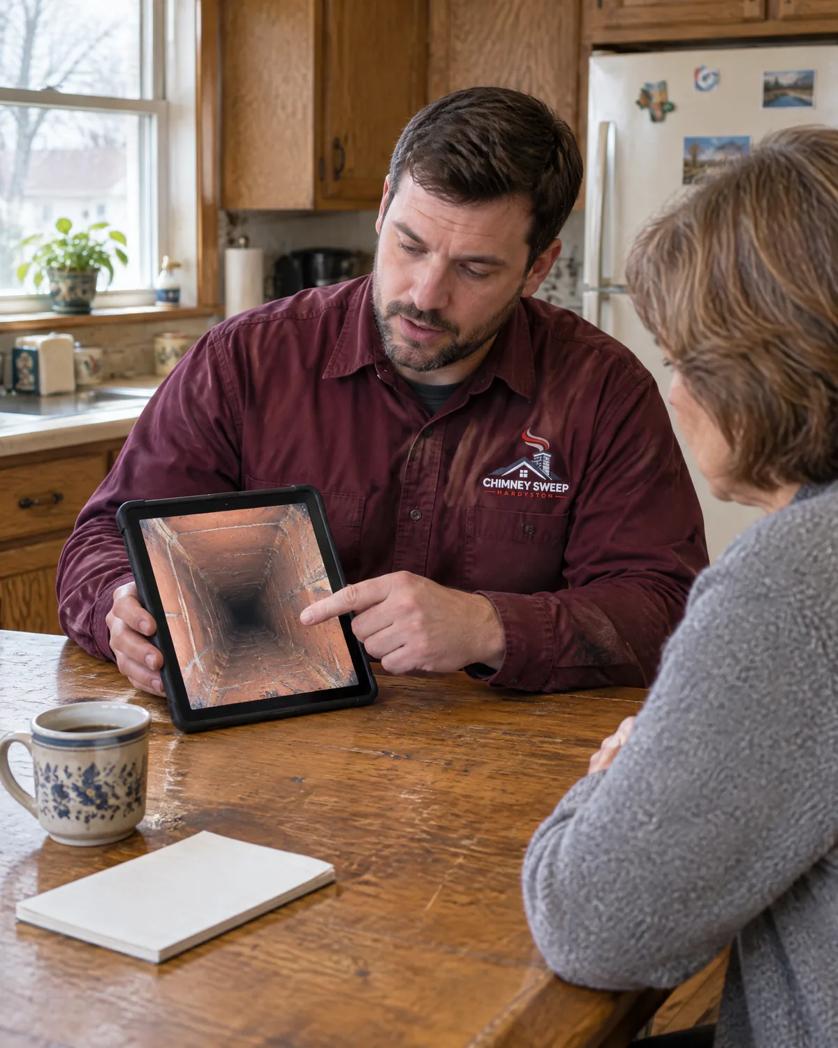 Chimney technician showing a homeowner photos of her chimney flue on a tablet at the kitchen table