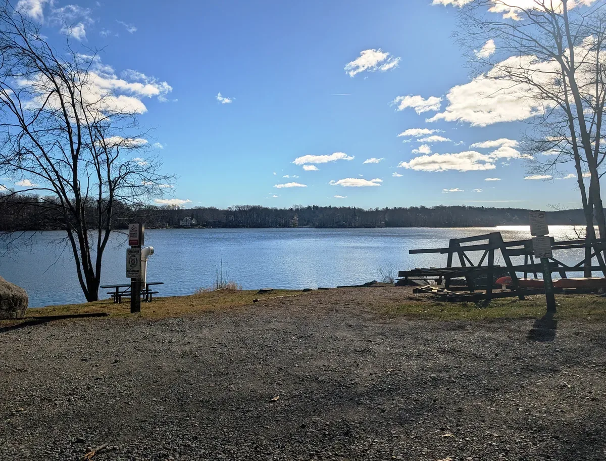 Highland Lake and its wooded shoreline in Highland Lakes, Vernon Township, New Jersey