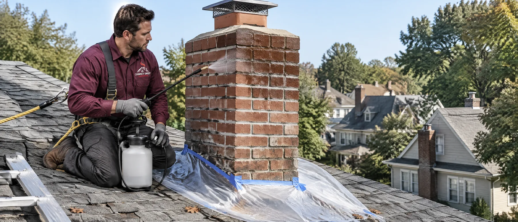 Technician spraying a clear water repellent onto an older brick chimney on a hip roof
