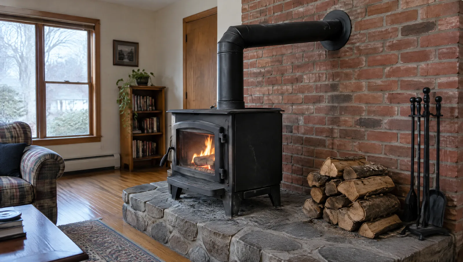 Wood stove on a stone hearth with a short stovepipe running into a brick chimney